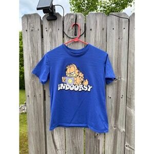 90s Pop Culture Garfield Indoorsy Blue Graphic Tee Shirt Medium Nickelodeon